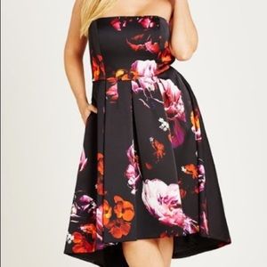 CITY CHIC Black Floral Print Satin Magic Strapless Fit & Flare Midi Dress XL 22W